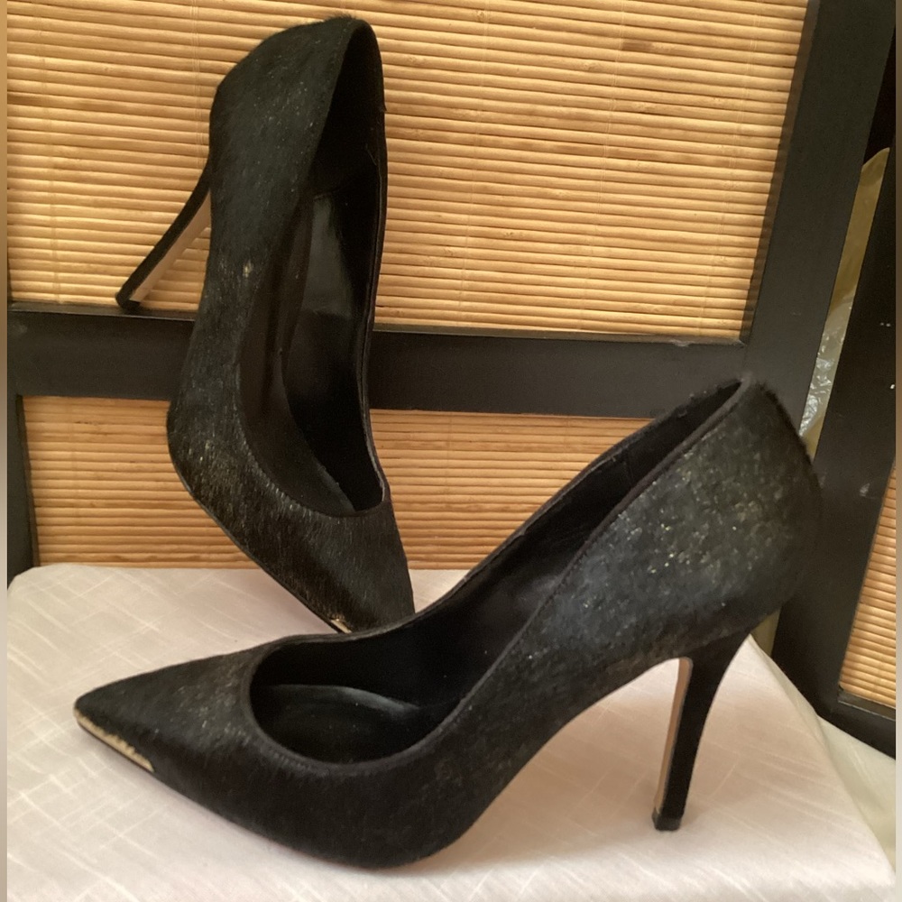 ♦️ Madonna Truth or Dare calf hair heels 7.5 gold tip stiletto pumps EUC sexy